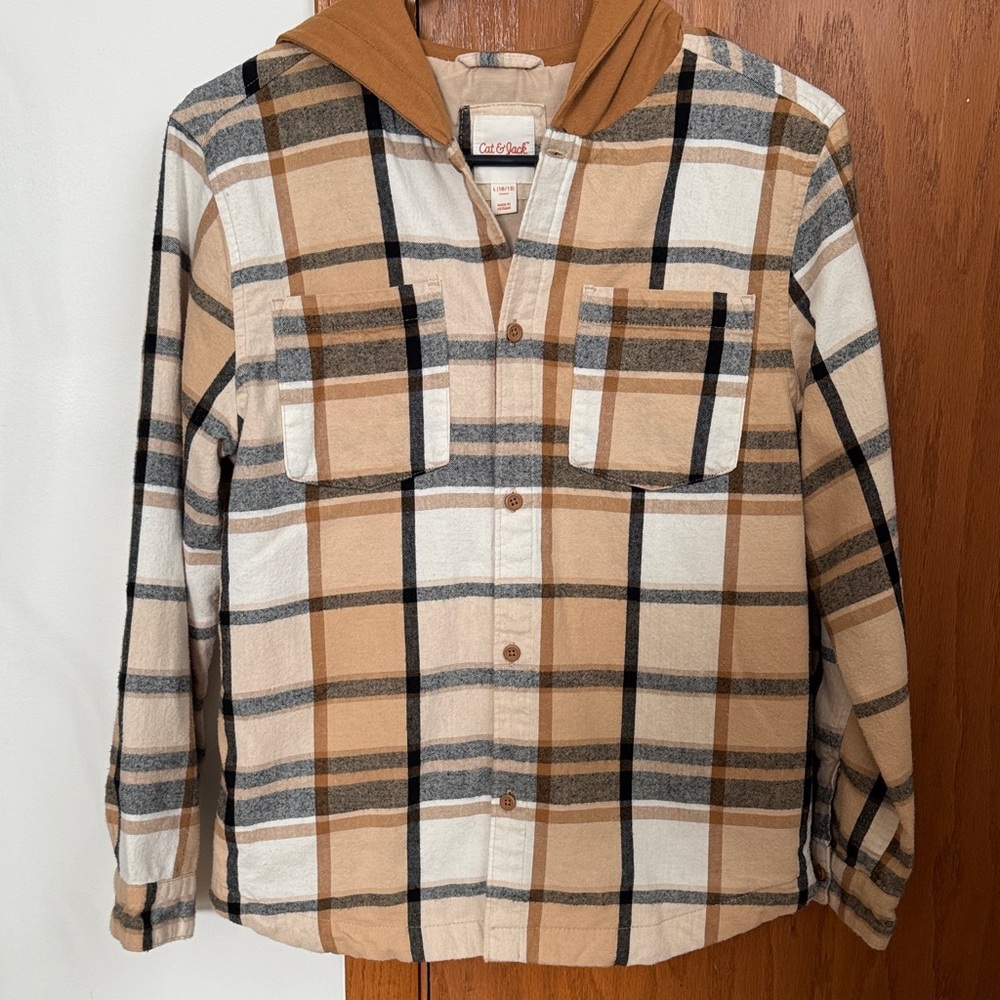 Cat & Jack Tan Plaid Button Down Shirt with Hood